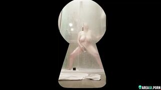 Chunky mature mommy hot masturbating on the shower by using a water jet